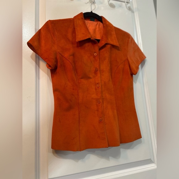 DANIER Leather Orange Suede Button Up Short Sleeve Shirt Sz Small - Picture 3 of 12